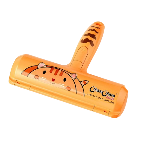 Orange ChomChom Roller featuring a cute cartoon cat face and striped handle, Limited Cat Edition