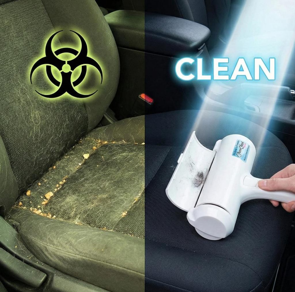 Interior Hygiene: Effective Cleaning with ChomChom Alt Text: A split "Before and After" image of a car seat. Left: A dirty seat covered in pet hair with a greenish tint and a biohazard symbol. Right: A pristine, clean seat being rolled with a white ChomChom roller, highlighted by a sterile blue light and the word "CLEAN".