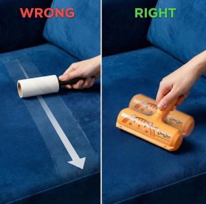 Comparative instructions for use: on the left is shown the incorrect technique with a regular lint roller (labeled WRONG), on the right is the correct technique using the orange ChomChom Roller Limited Cat Edition with short back-and-forth movements (labeled RIGHT) on the velour upholstery of a sofa.