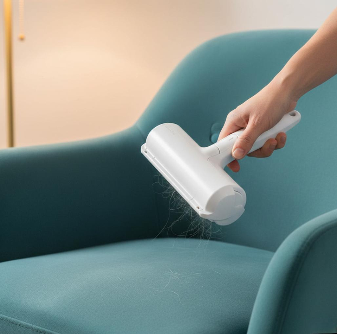 ChomChom Roller and Mini Chom on a clean fabric couch